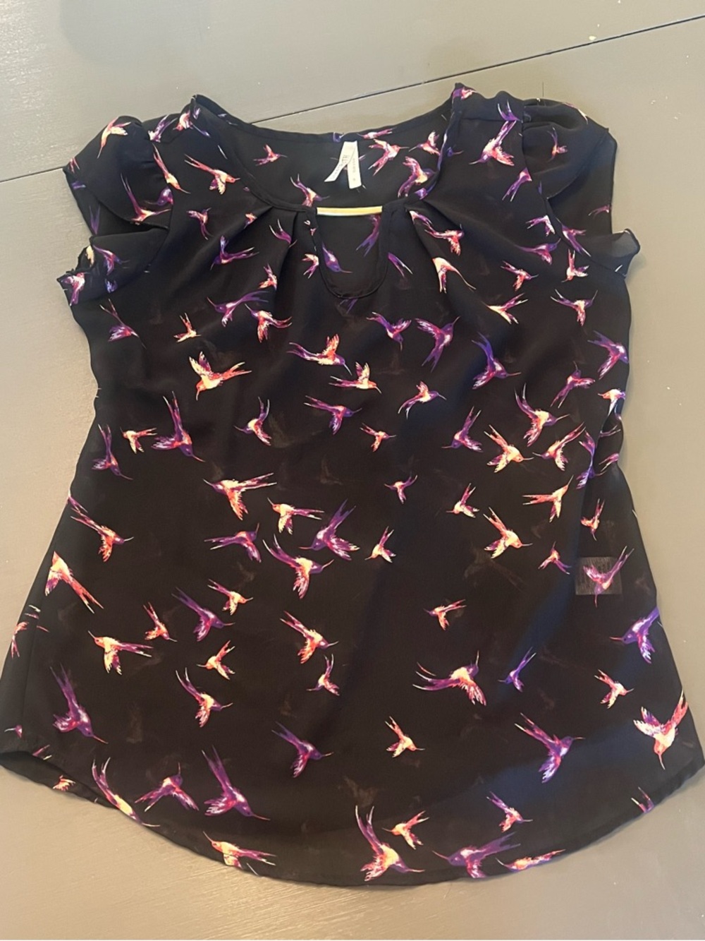 Live 4 Truth Black Bird-Print Flutter Sleeve Blouse with Purple and Pink Accents